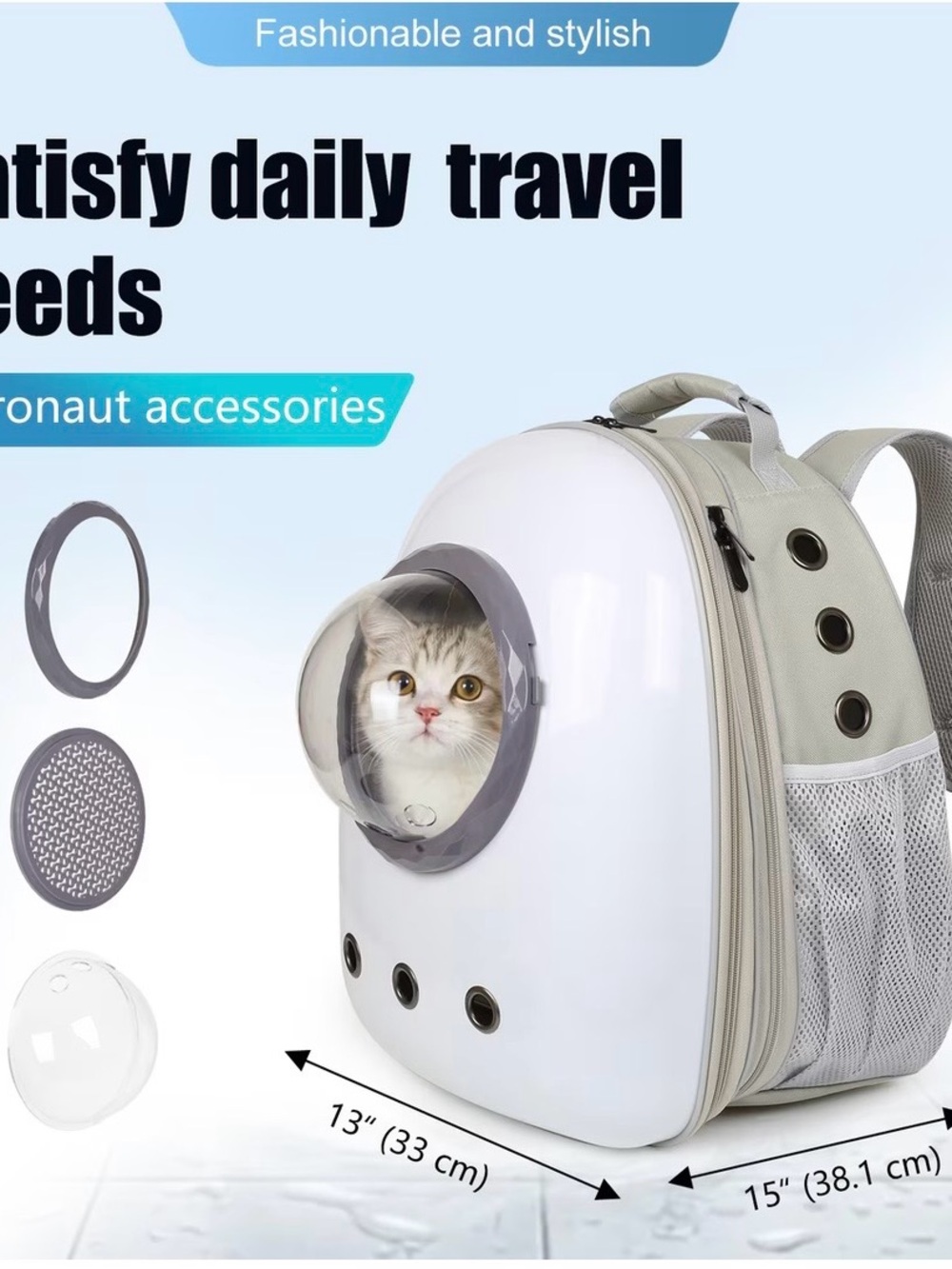 Expandable Bubble Pet Carrier Backpack in Light Gray & White - Picture 3 of 16